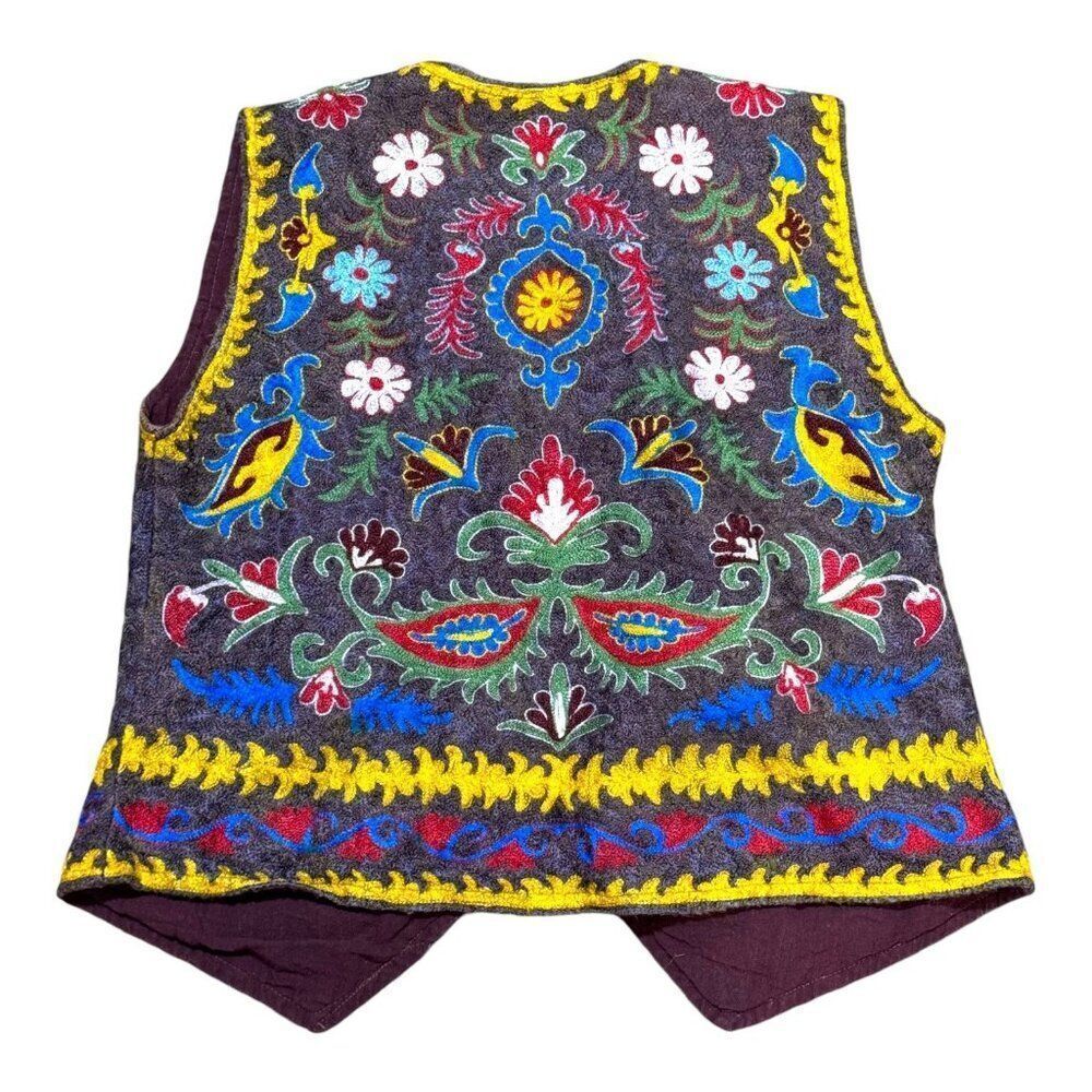 Vtg 60s Uzbek Textile Embroidered Vest S M Black Tulip Boho Kitsch Y2K Handmade